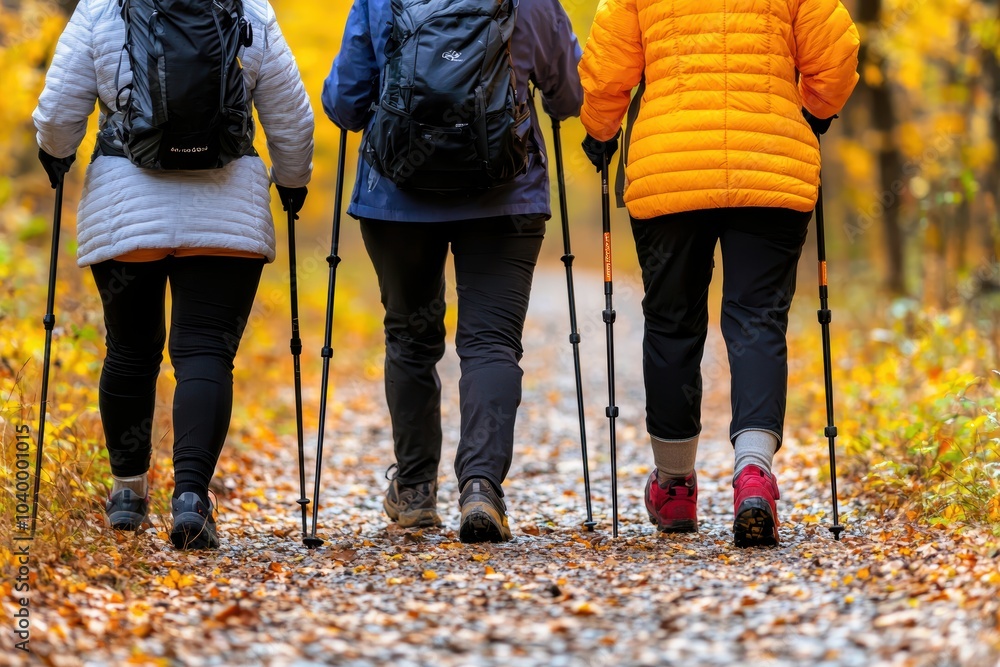 Wall mural group of older adults with trekking poles, hiking through a serene, sunlit forest trail during fall,