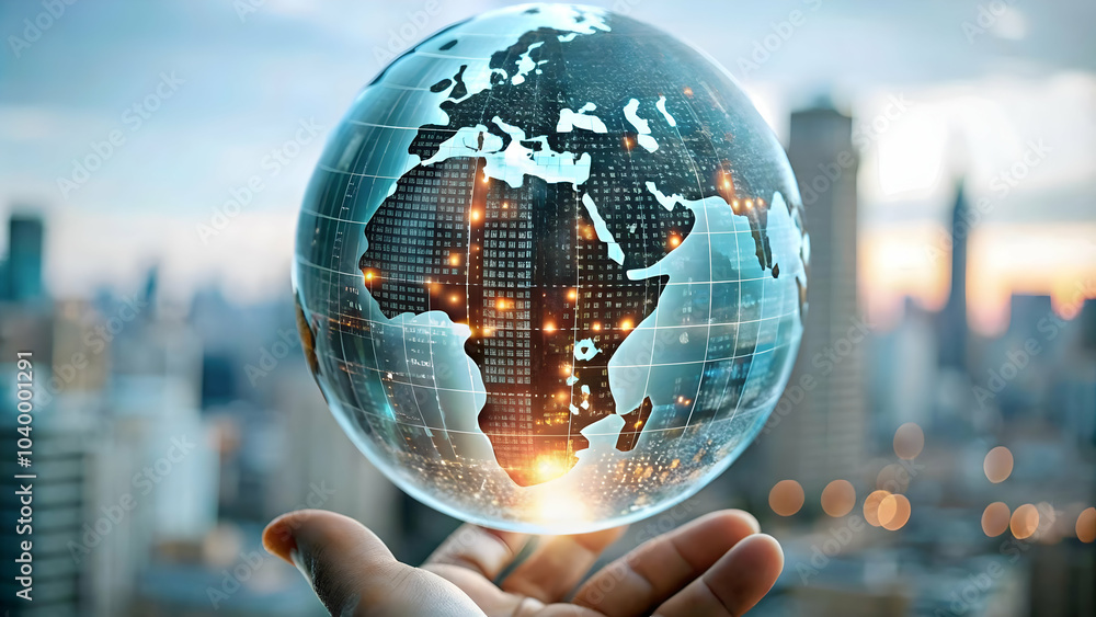 Poster abstract globe binary code digital connectivity smart cities blurred city background ample copy spac