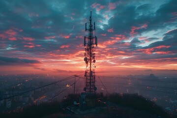 Stunning Sunset Overlooking a City with a Towering Communication Antenna
