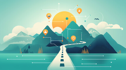 Road with milestones and markers, symbolizing guided planning, flat design illustration