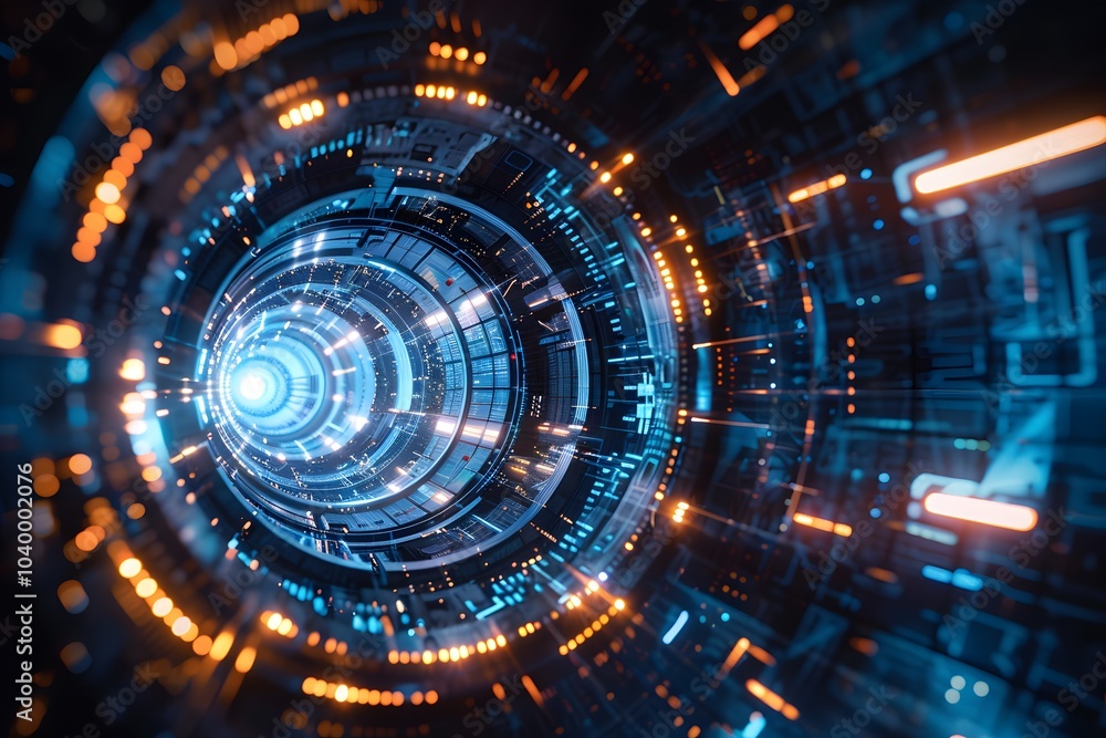 Aufkleber futuristic digital tunnel with glowing lights and circuit patterns