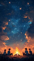 Friends gathered by a campfire, sharing stories and gazing at the stars, dreaming of adventures under the night sky