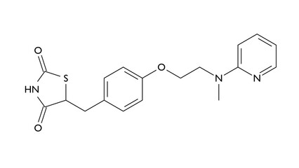 rosiglitazone molecule, structural chemical formula, ball-and-stick model, isolated image antidiabetic drug