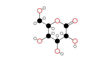 gluconolactone molecule, structural chemical formula, ball-and-stick model, isolated image e575