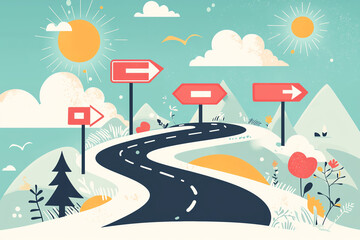 Naklejka premium Path with signposts, representing strategic planning and guidance, flat design illustration