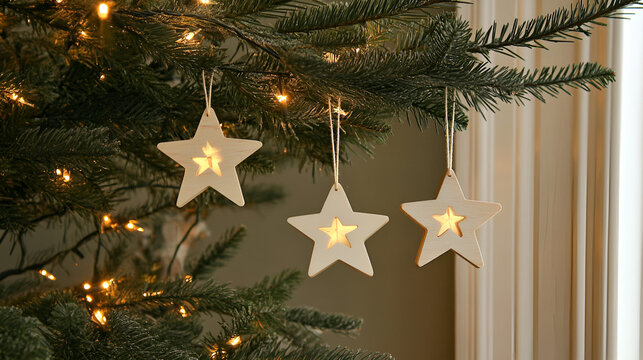 Wooden star ornaments on pine tree
