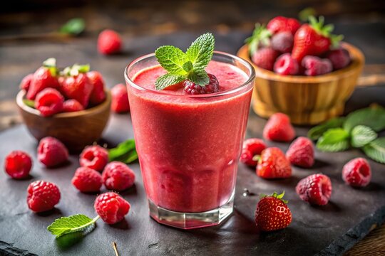 Cold raspberry smoothie with strawberry garnish and ice - Powered by Adobe