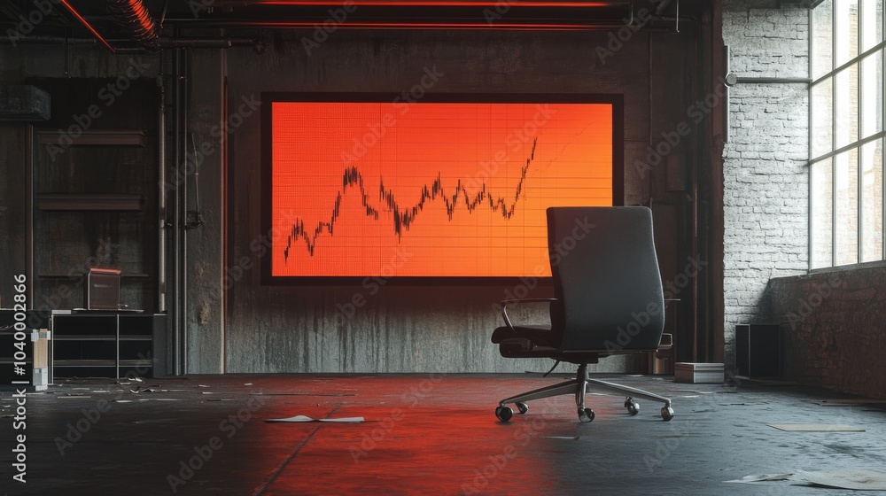 Poster a modern office space with a large screen displaying a rising graph on an orange background, accompa