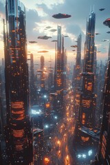 A vibrant futuristic cityscape filled with towering skyscrapers and flying vehicles zipping through the sky, offering a glimpse into a possible future of urban technology and innovation.