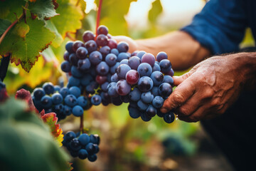 Winemaker harvesting red grapes in autumn vineyard