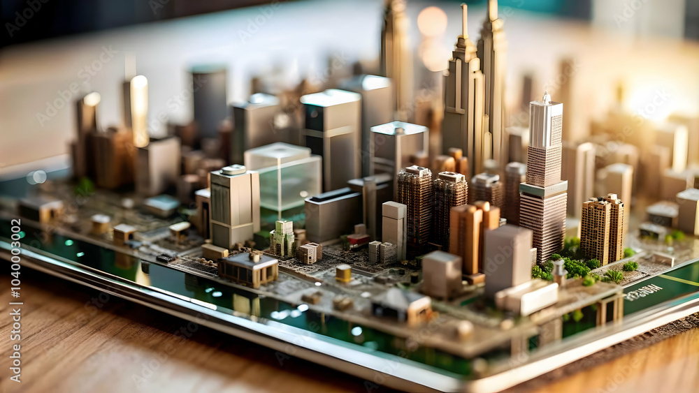 Poster glossy circuit board background cityscape overlay - futuristic technology smart cities concept image