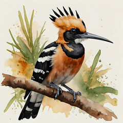 Create a realistic watercolor painting of a hoopoe bird perched on a branch, with its distinctive orange and black plumage, long beak, and fan-shaped crest clearly defined. The bird should be detailed