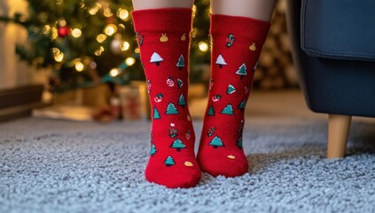 Woman in red Christmas socks and woolen boots, winter holiday living room