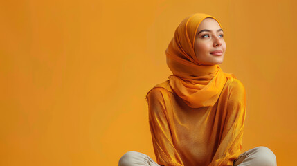 Young muslim woman wearing hijab looking up and smiling on yellow background