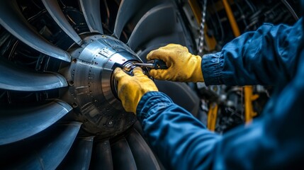 Close-up of a jet engine mechanic using diagnostic tools to assess engine performance during a routine inspection.