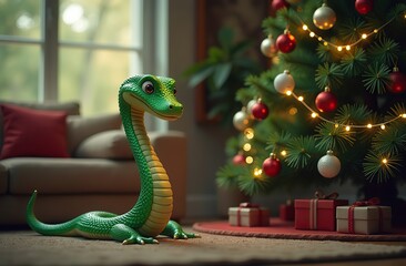 Obraz premium Cartoon green snake near a Christmas tree, which is adorned with ornaments and lights. The scene takes place indoors, possibly in a living room.