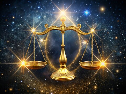 Golden Libra Zodiac Sign in Double Exposure with Astrology Symbols on Black Sky Background