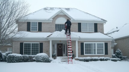 A worker is clearing snow from a house rooftop with a red metal wand while standing beside a white ladder against a blue sky