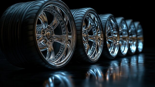 A series of shiny, polished sports car wheels are aligned in a row on a dark reflective surface. The intricate details of each wheel are highlighted by the soft lighting, accentuating their stylish de