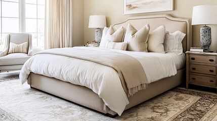 Bedroom with clean lines, beige bedding, and a soft area rug in a calming neutral tone