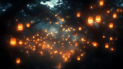 Naklejka premium A magical forest path at night, illuminated by glowing lanterns hanging from the trees.