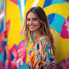 Portrait of a Smiling Woman Standing Against a Colorful Mural