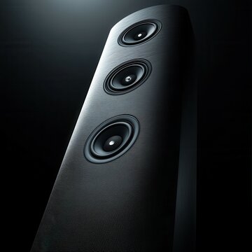 A sleek black tower speaker featuring three visible drivers is prominently displayed against a dark background. The stylish design highlights the speaker's modern aesthetics, making it a perfect fit f