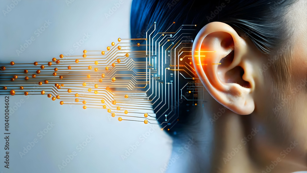 Poster close-up human ear sound waves circuit overlay macro image enhanced communication technology copy sp