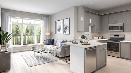Fototapeta premium Bright open-concept area with sleek lines and large windows overlooking a garden