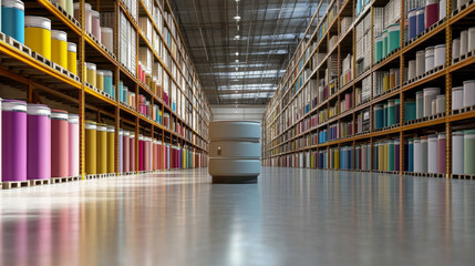 Fototapeta premium Autonomous robot navigating spacious warehouse with cans of paint, concept of automation