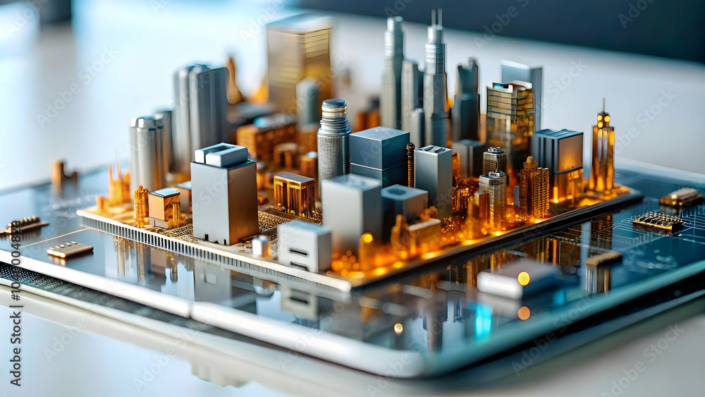 Poster glossy circuit board background with transparent cityscape overlay for smart city technology concept