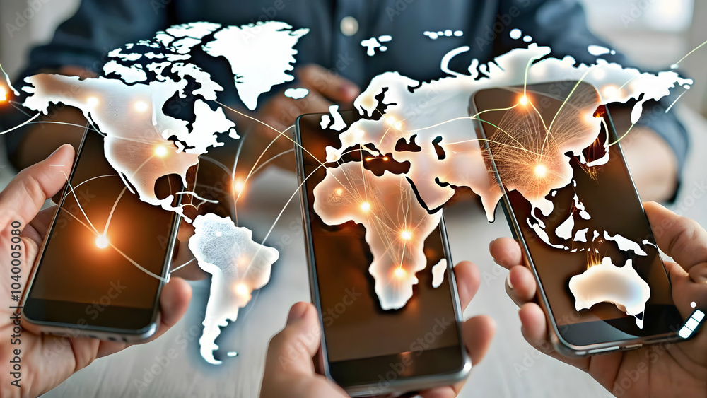 Poster smartphones connected by glowing lines over world map | abstract image of mobile connectivity in glo
