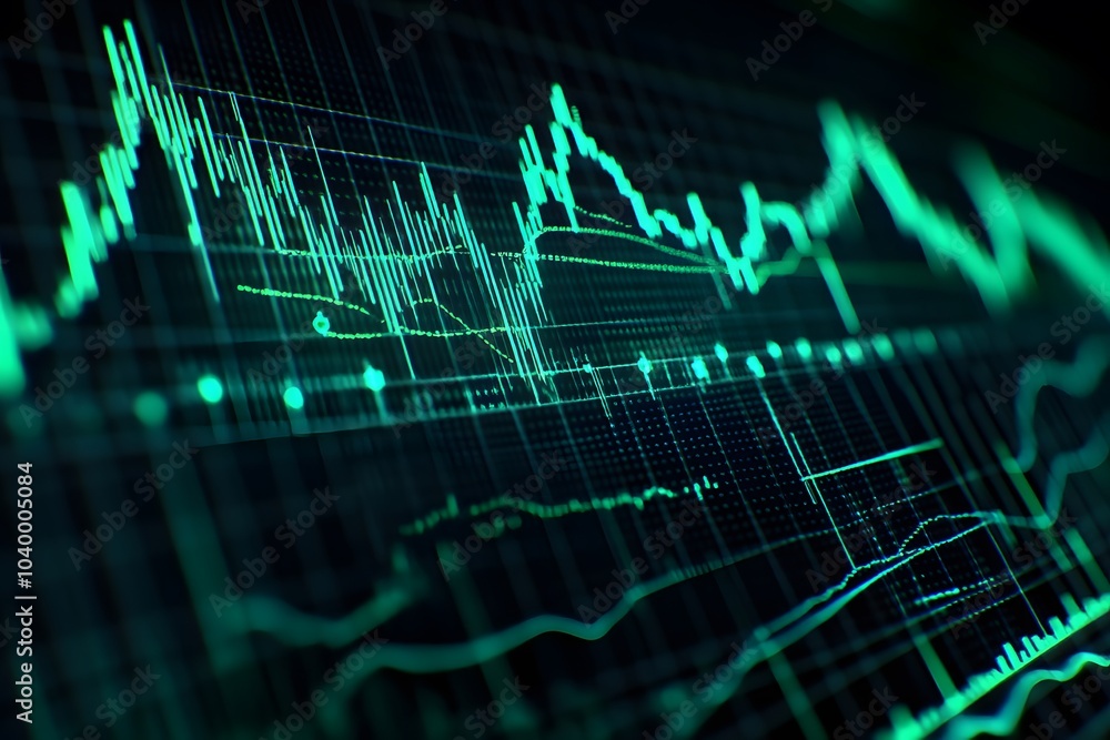 Poster a digital graph displaying fluctuating data trends in a green color scheme.