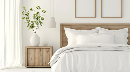 Clean bedroom design with a low-profile bed, layered white and light gray bedding, and a wooden nightstand with minimal decor