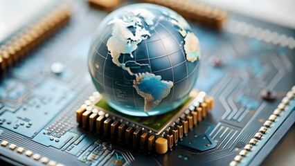 Close Up Macro Photograph Globe Microchip Socket Motherboard Global Data Technology Integration Copy Space