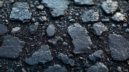 Closeup of cracked asphalt texture with uneven dark surface