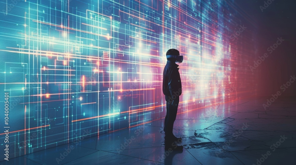 Poster a person standing in front of a blank wall the goggles revealing hidden patterns and images.
