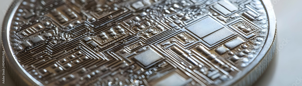 Poster futuristic coin macro shot | intricate digital circuitry patterns | close-up image of modern currenc