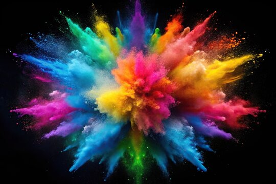 Colored powder explosion with symmetrical rainbow colors dust background