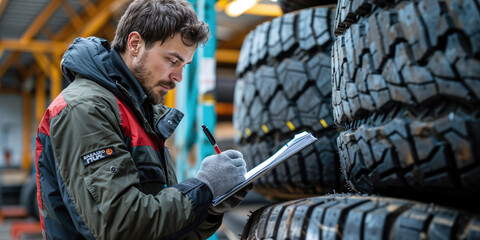 Warehouse worker checking tires and making notes on clipboard