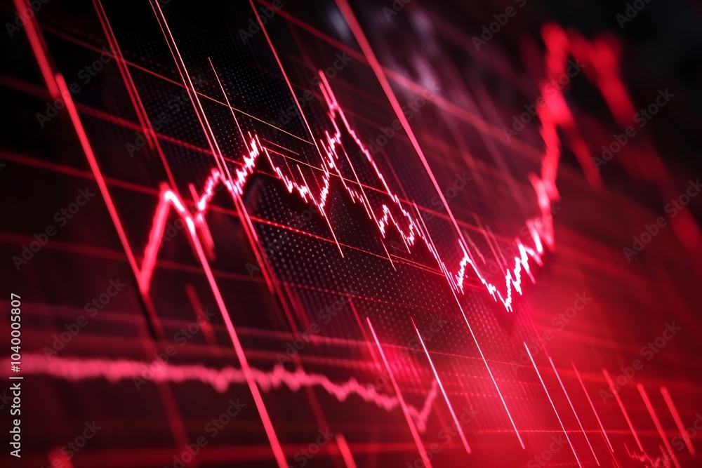 Poster a digital graph displaying fluctuating data trends in red tones.