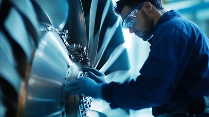 Close-up of an aircraft engine repair in progress, with technicians inspecting turbine blades and engine components for safety checks.