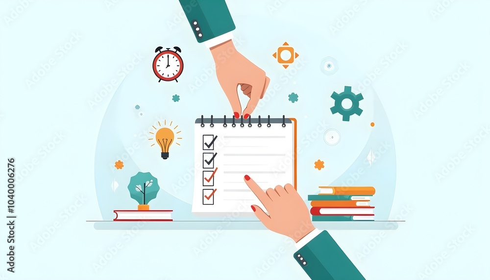 Poster hands holding a checklist symbolize task management and organization. productivity tools.