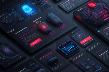 Isometric view of a website design for a smart clothing brand, featuring product pages with images of clothing, wearable technology, and data visualizations.