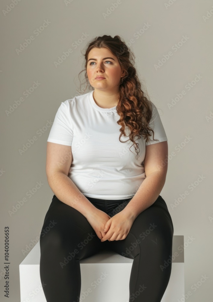 Sticker Chubby woman wearing white t shirt mockup photography clothing portrait.