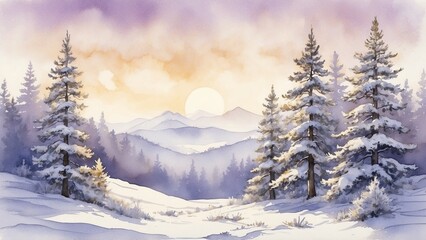 Serene Watercolor Winter Landscape with Snowy Pine Trees