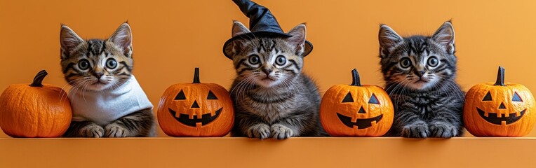 Cute Halloween kittens with pumpkins in festive autumn setting
