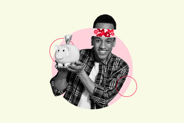 Creative photo collage young man hold pig bank collect money deposit banknotes cash dollars...