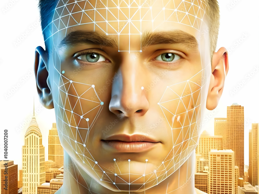Poster close up face digital grid urban areas macro image human element smart city development global conne