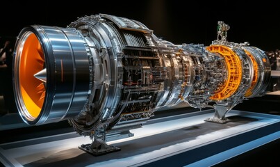 View on modern aircraft turbine cross section with different equpment, parts, components. Plane turbine blades